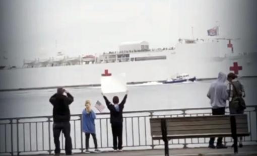 USNS comfort military medical ship arrives in new york city to help with coronavirus covid-19 hospital relief effort.
